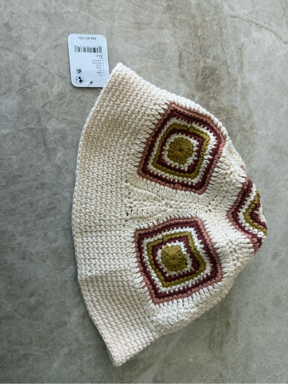 Free People Cream Crochet Bucket Hat with Olive and Rust Square Motifs